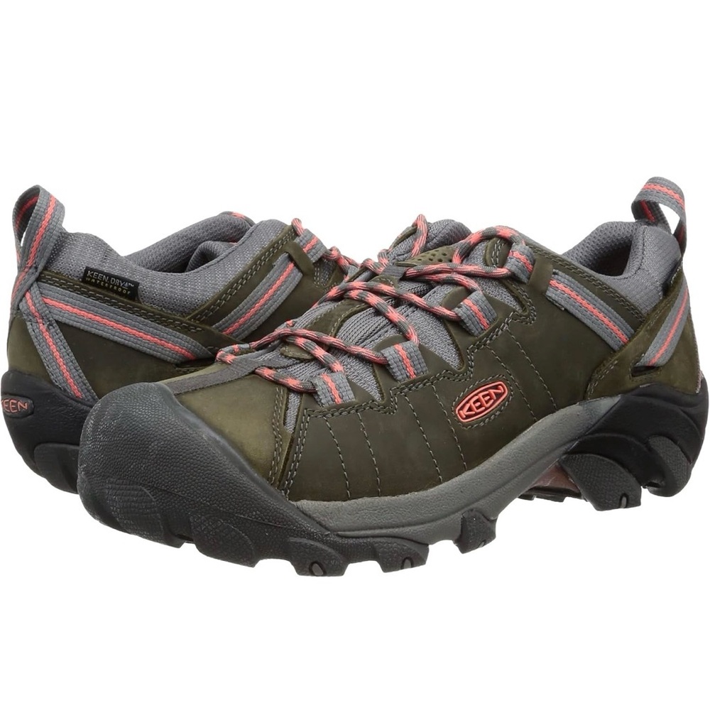 Keen Olive Green Athletic Hiking Shoes with Coral Accents